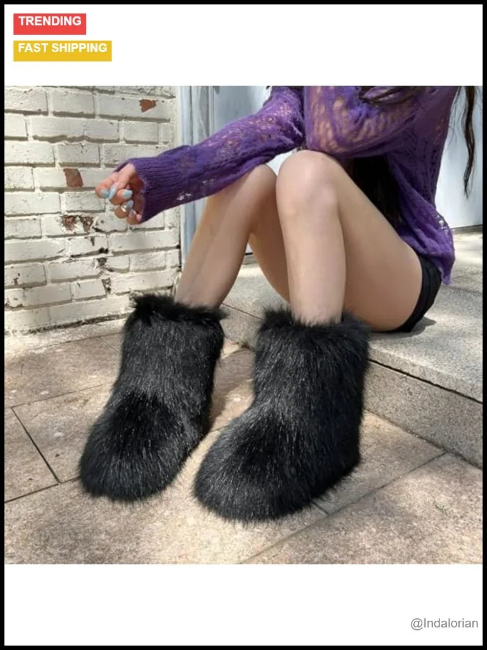 Faux Fur Mid-Calf Snow Boots with EVA Sole, Fluffy Winter Shoes, Pull-On